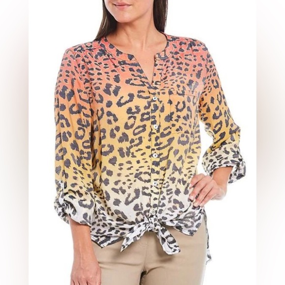 MULTIPLES Multicolor Ombre Leopard Animal Print Tie Front Linen Button Down Top - Picture 2 of 16